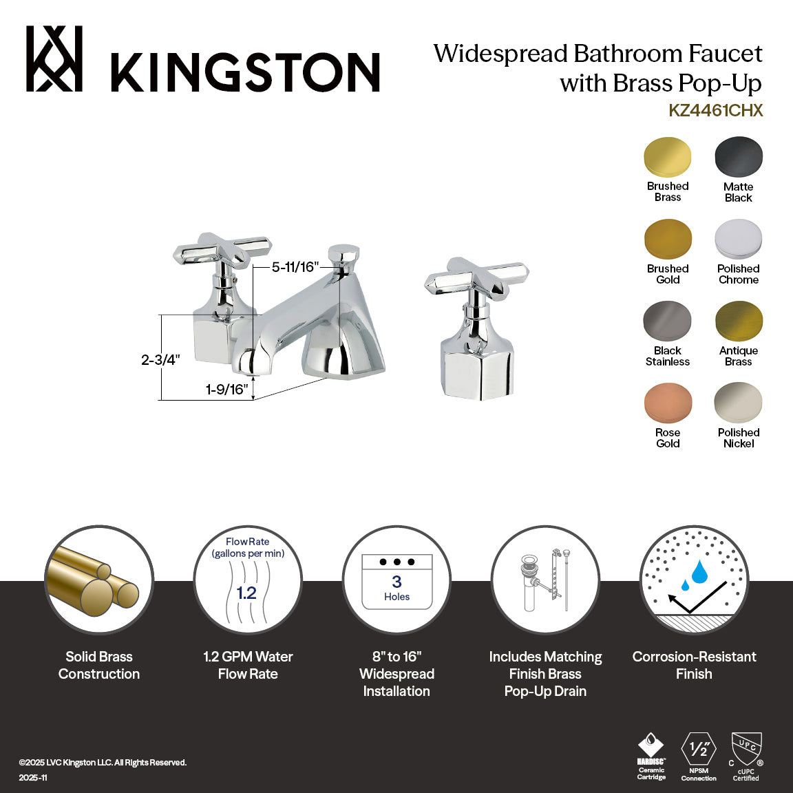 Kingston Sona KZ446CHXRG - Navei Two-Handle 3-Hole Deck Mount Widespread Bathroom Faucet with Brass Pop-Up, Rose Gold — thumbnail 2